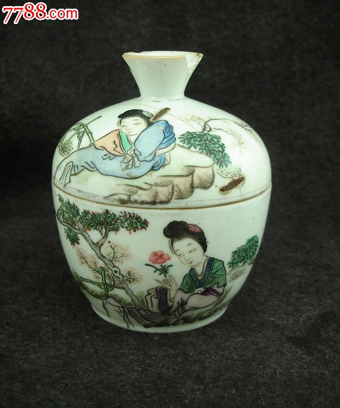 808民国浅绛彩瓷名店松月轩仕女图盖缸