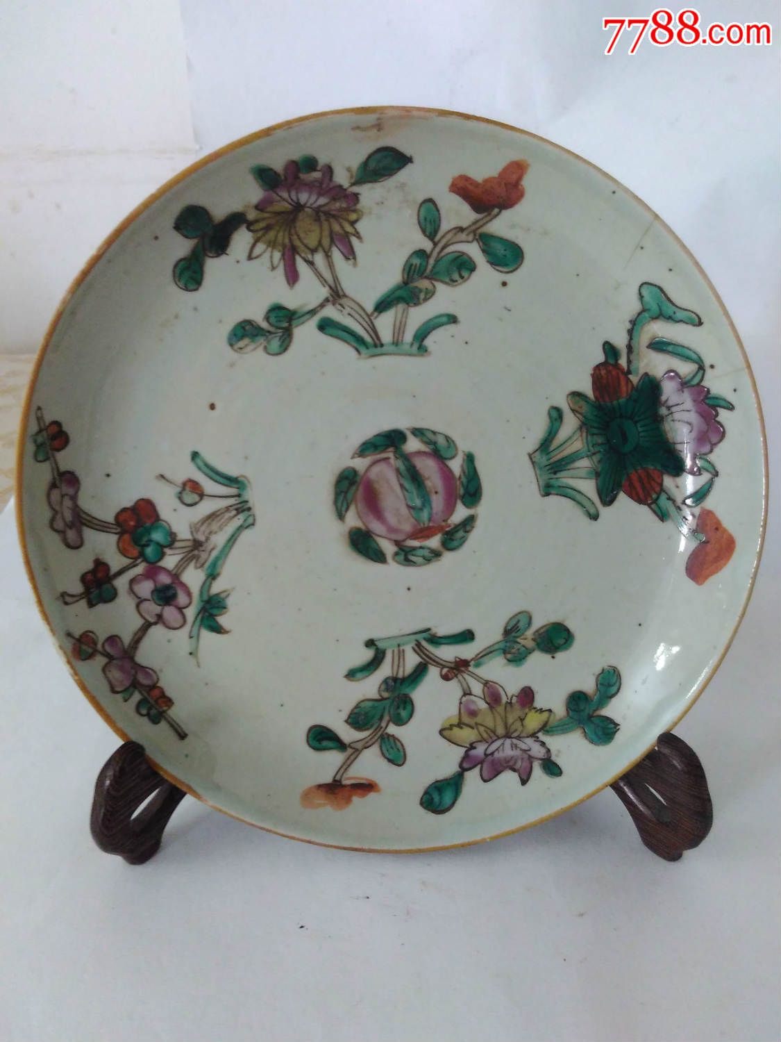 0830晚清民国四季花粉彩大盘,口径22.5厘米