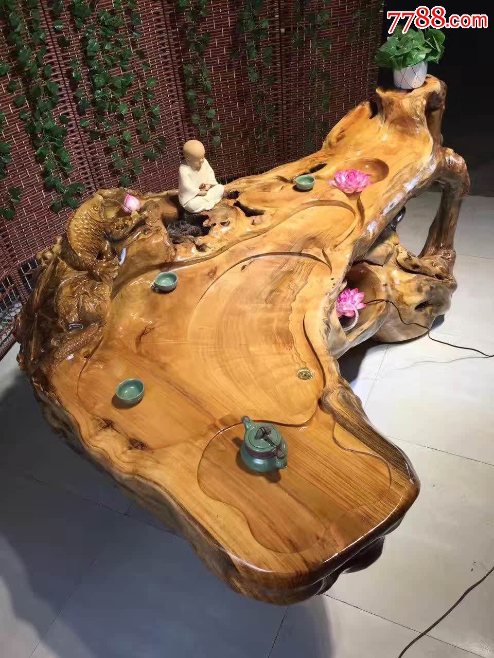 极品榉木循环流水鱼缸茶几-根雕茶几-7788木艺
