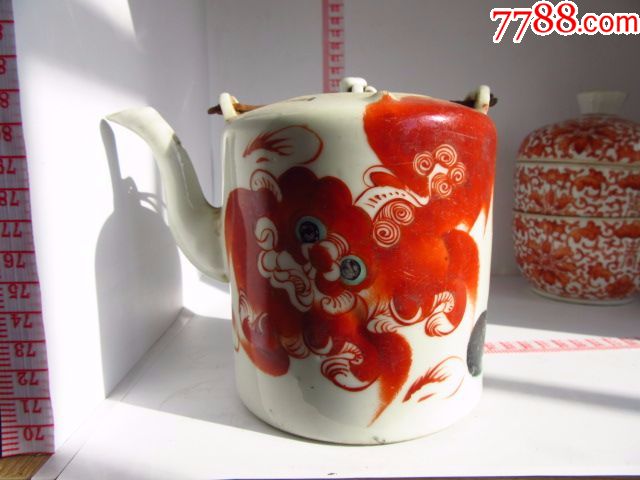 清末黄金盛矾红狮子狗太师少保茶壶