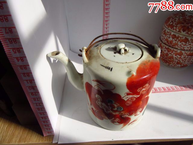 清末黄金盛矾红狮子狗太师少保茶壶