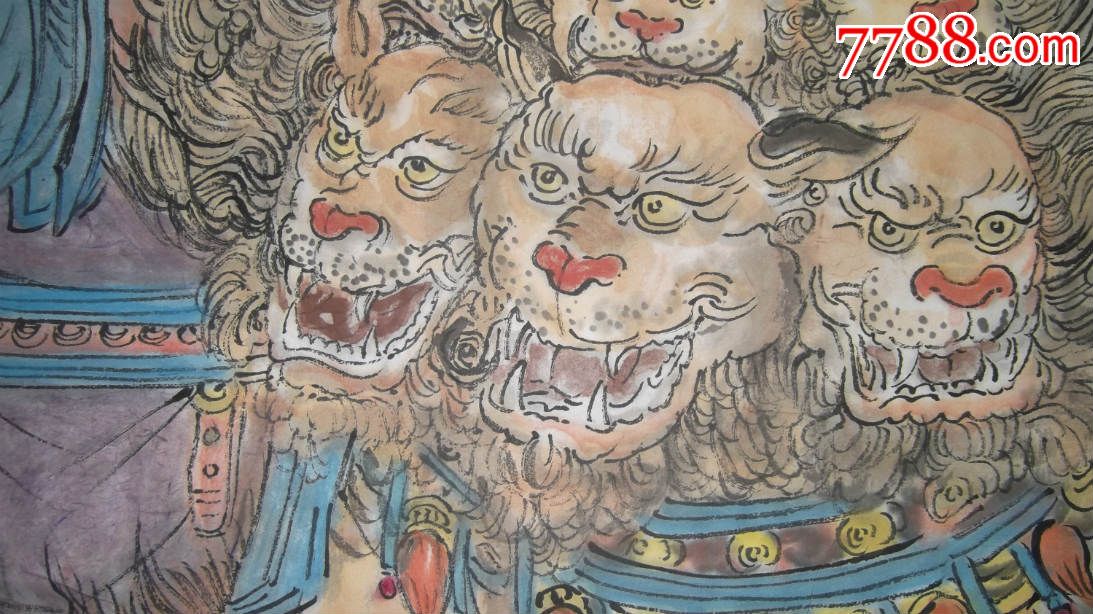 道教神仙骑着九个头的狮子,太乙救苦天尊,尺寸大,神像画国画