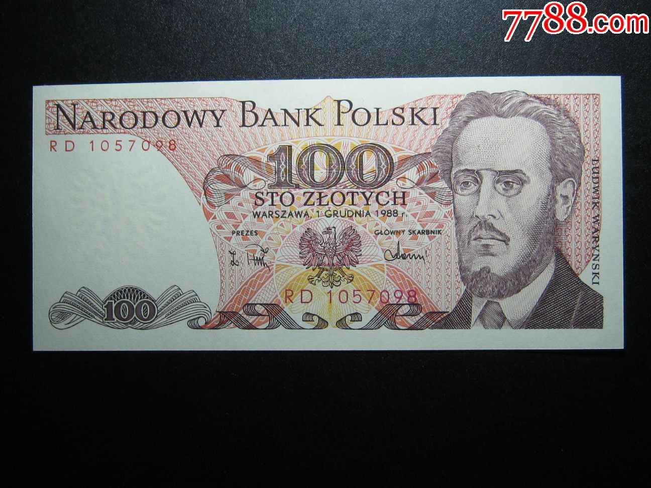 波兰100兹罗堤1988年全新unc外国纸币包真瓦伦斯基