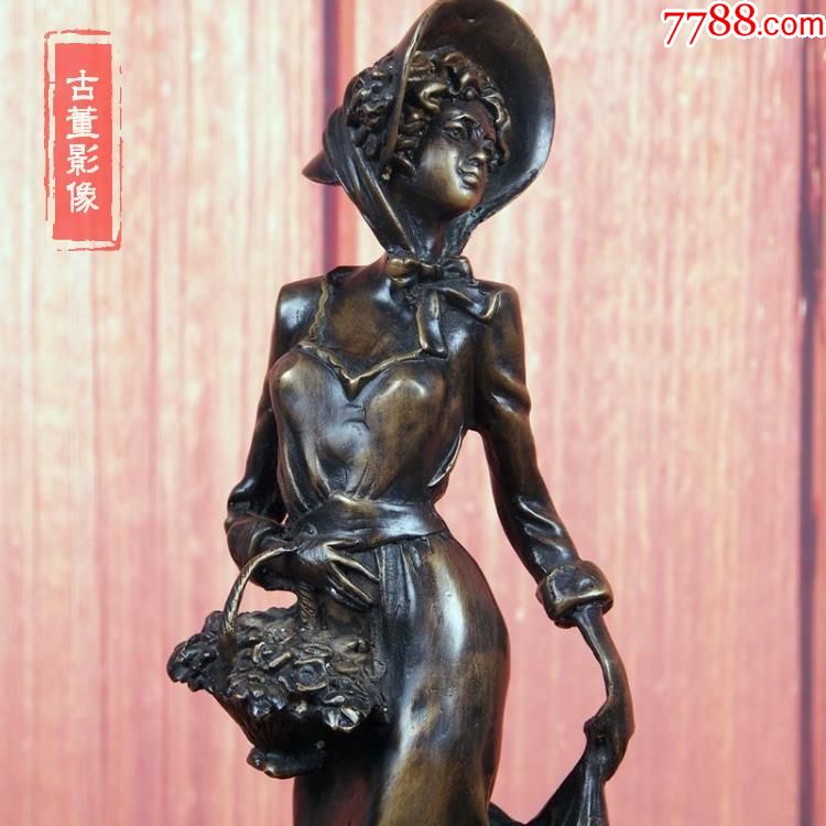 西洋古董欧洲回流青铜雕塑艺术摆件少女铜像高38cm