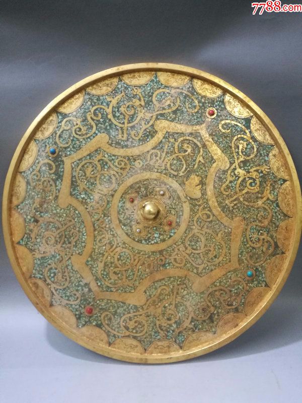 汉代金银器青铜器藏品掐丝镶宝石镜琉金青铜镜特大摆件