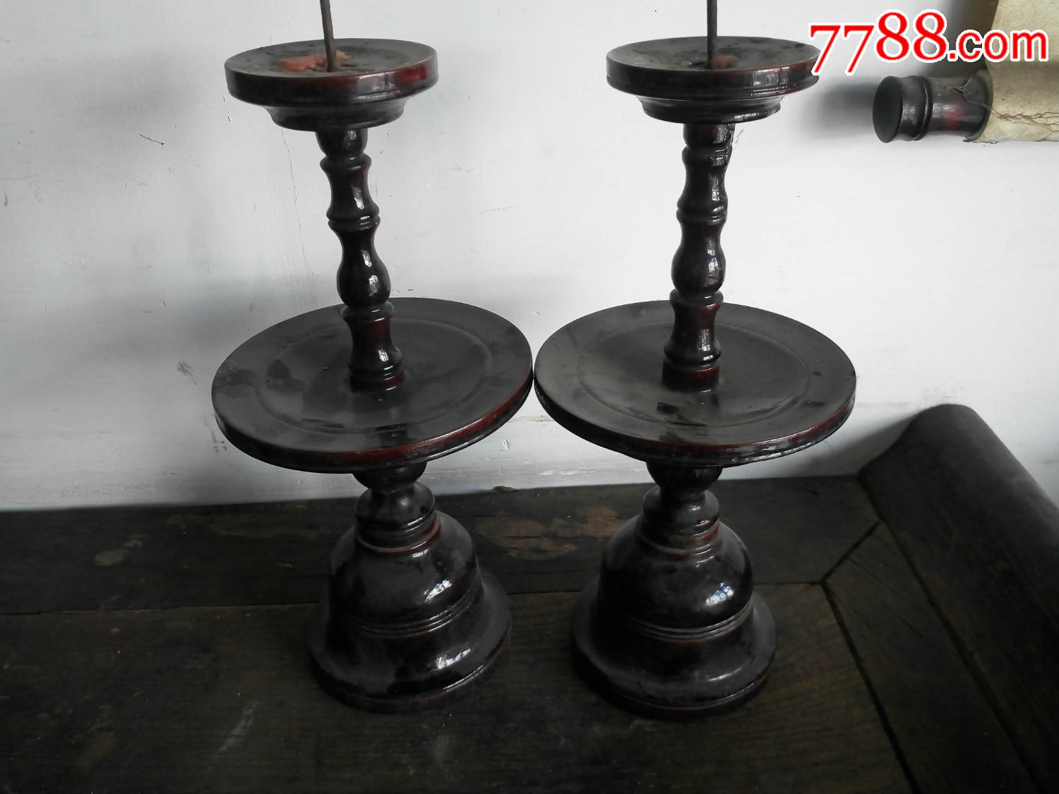 民国大号老木头蜡台一对三节祭祀用具蜡烛台民俗老灯具收藏摆件