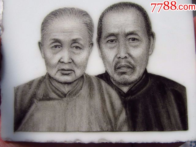 民国景德镇人物像肖像画老夫妇瓷板一块