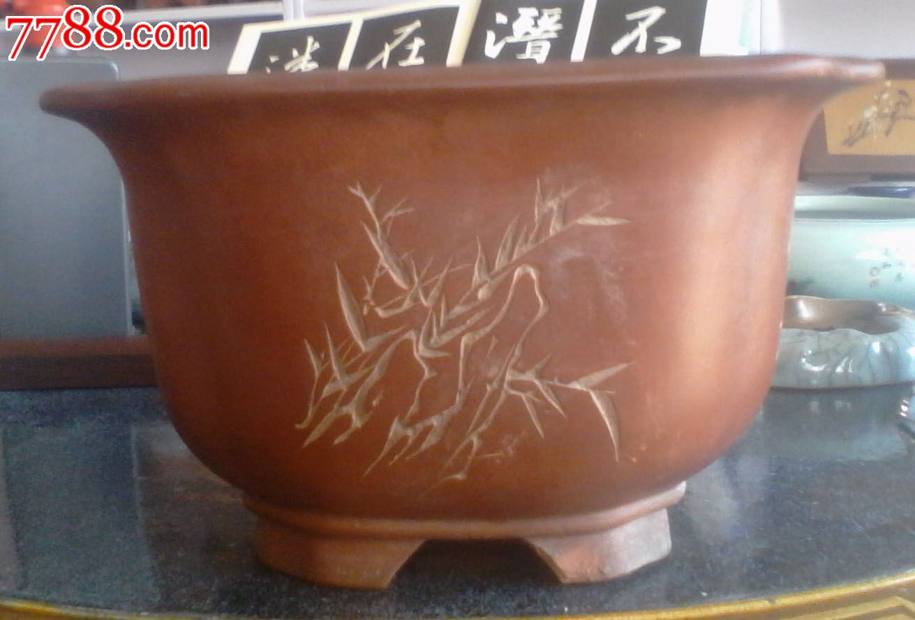 老紫砂花盆1959年已亥秋月云心刻四方抽角盆绝品货号a310