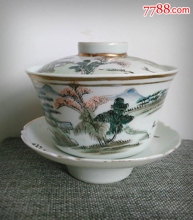 95民国浅绛彩瓷名家李复茂山川吐秀盖碗青花双圈款