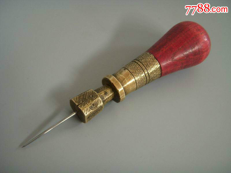 民国木把雕刻花纹黄铜老锥针锥子老工具民俗