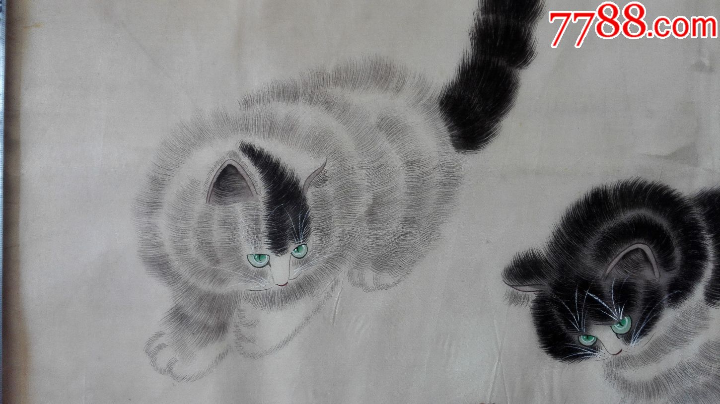 有印章的绢本工笔花鸟一幅(猫蝶图)