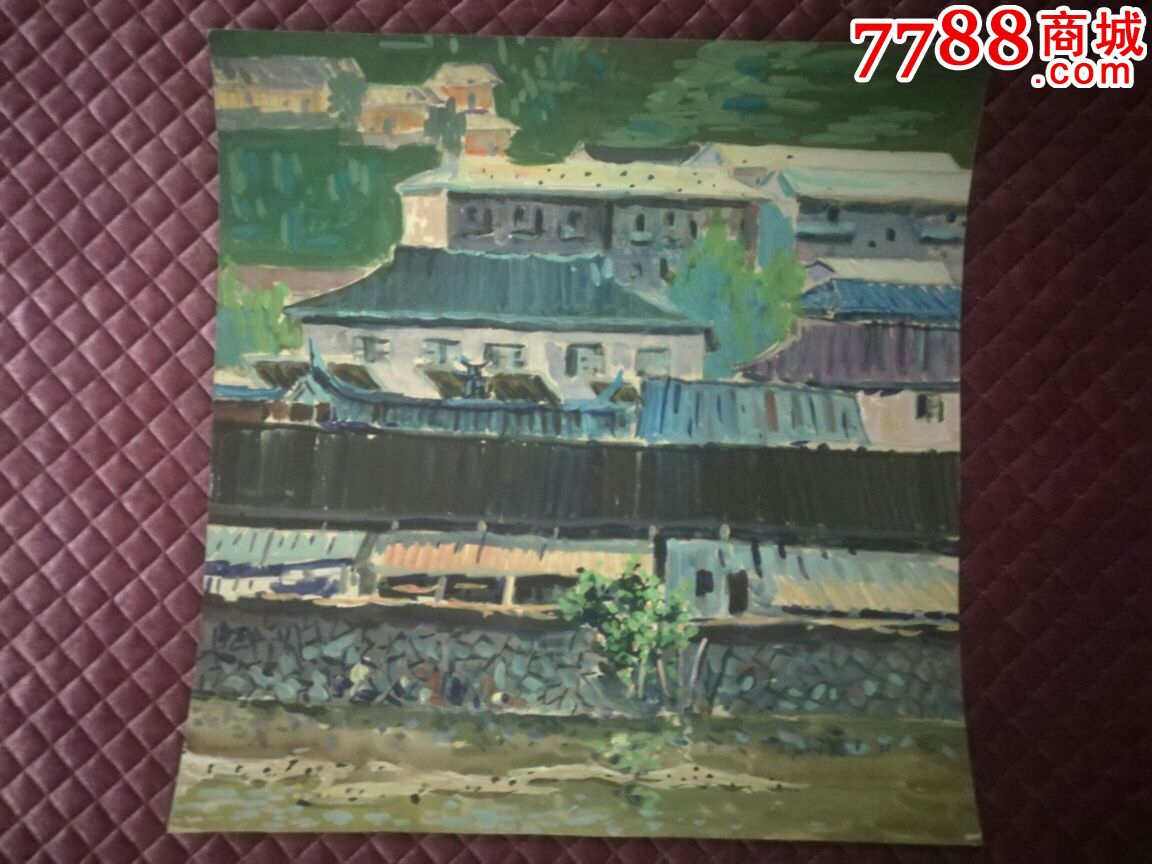 80年代手绘水粉画【山村木屋】