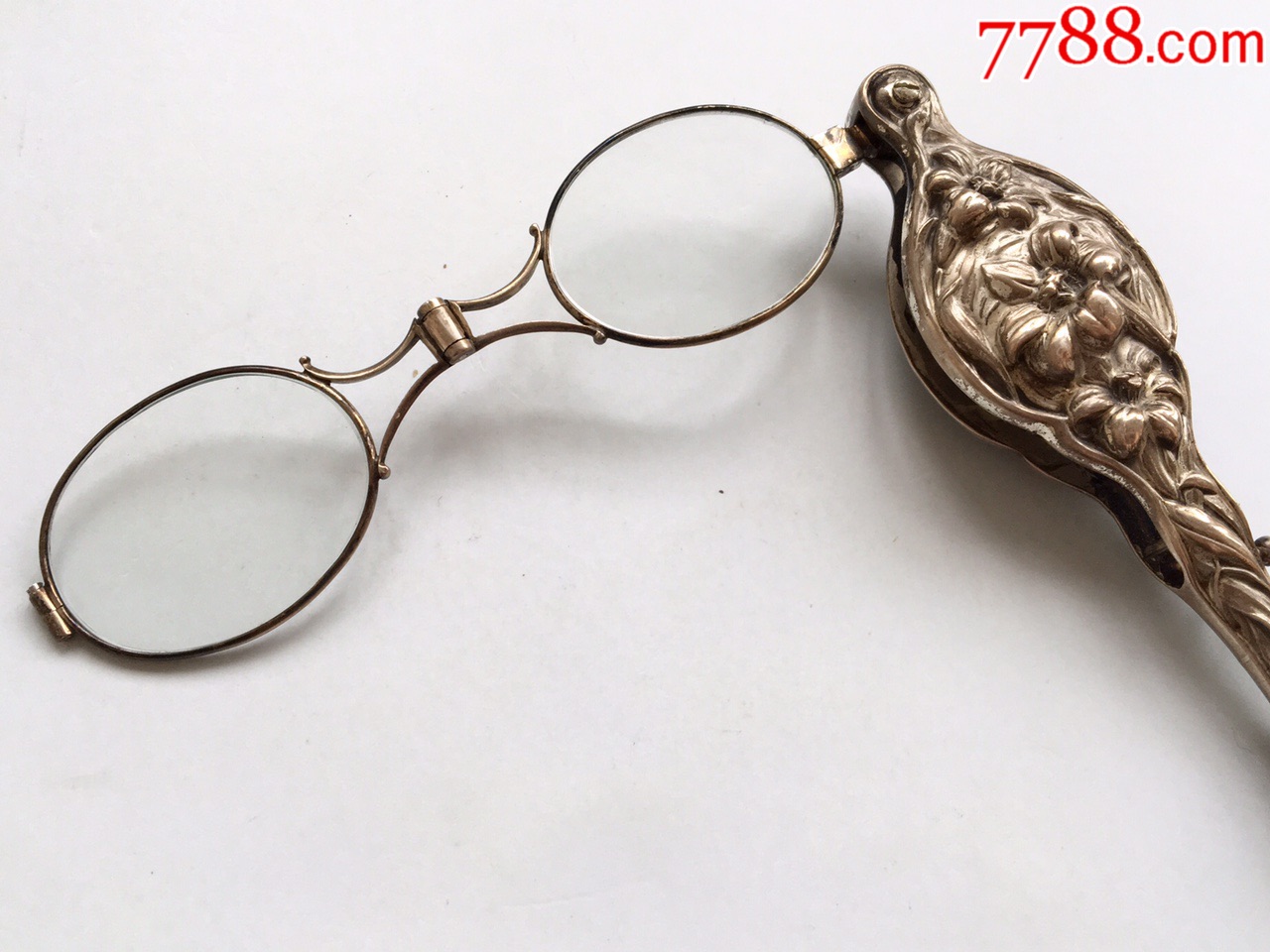 欧洲古玩/美国古董长柄眼镜/纯银/清代/藏品长11.9厘米