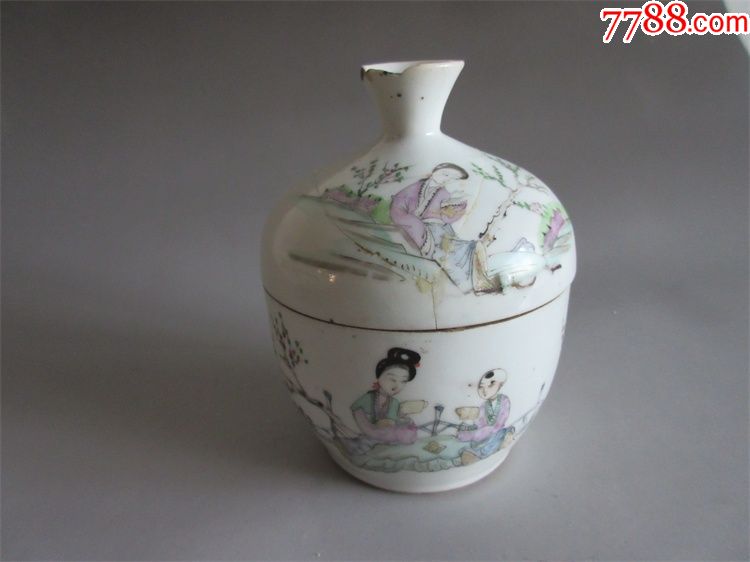 同治粉彩粉瓷器粉罐名家浅绛彩三娘教子粉盒糖缸盖碗扣碗包老收藏