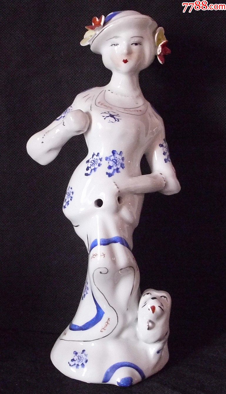 80年代老美陶茶花女瓷塑人物摆件高31厘米