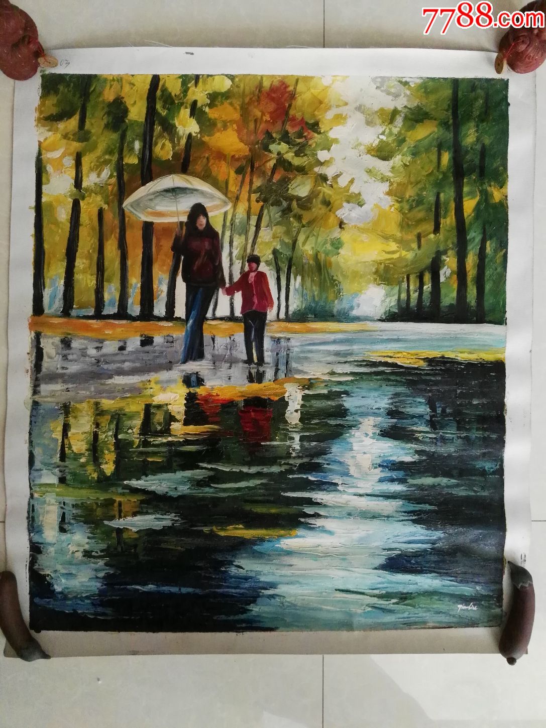 精品油画雨中母子