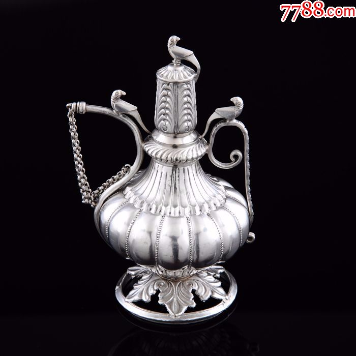 306克别具特色欧洲纯银花卉鸟纹酒壶西洋古董银器收藏-se48643299-其