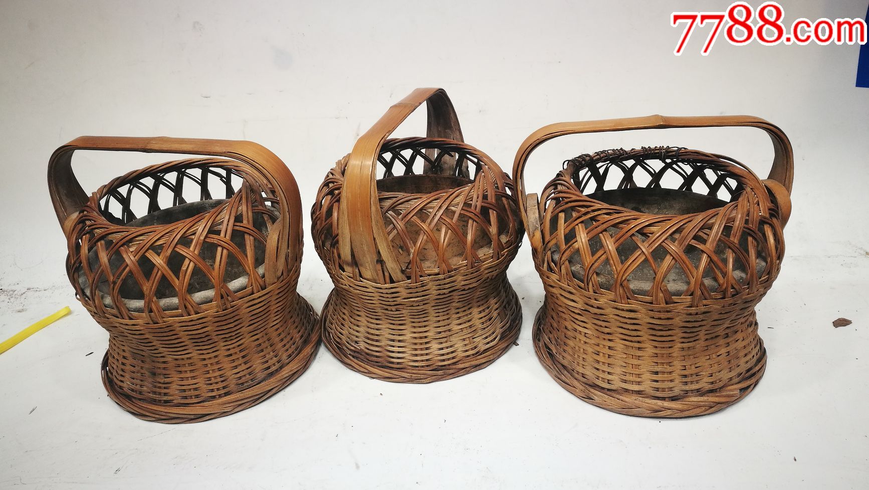 处理竹编烤火笼3个