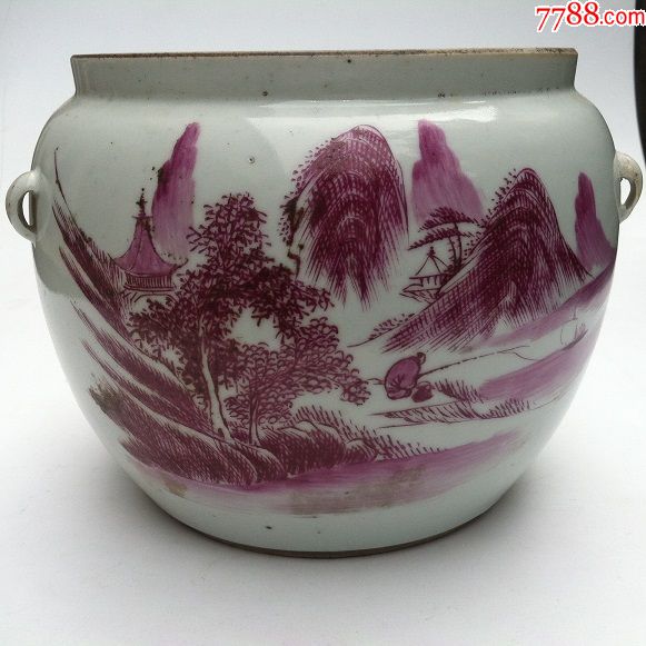 民国江西名瓷江鸿源监制胭脂红山水罐