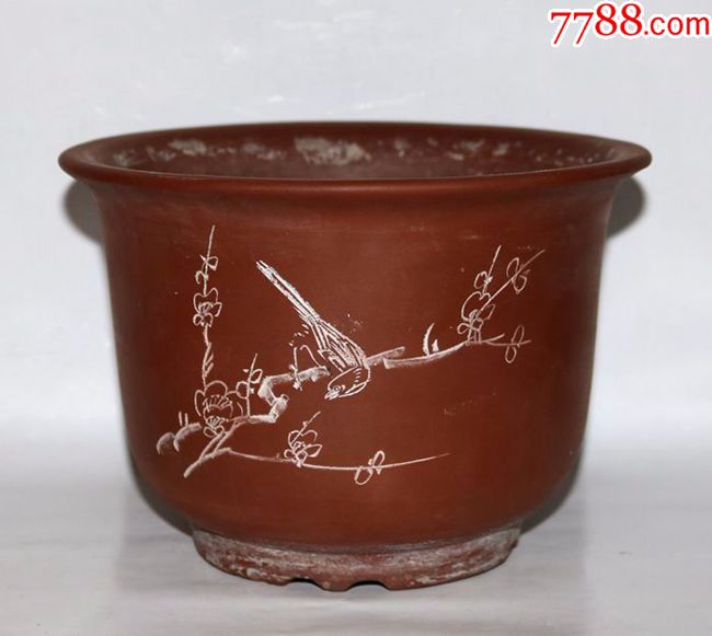 老紫砂文革喜鹊梅花圆口老紫砂花盆/宜兴紫砂一厂_价格420元_第1张