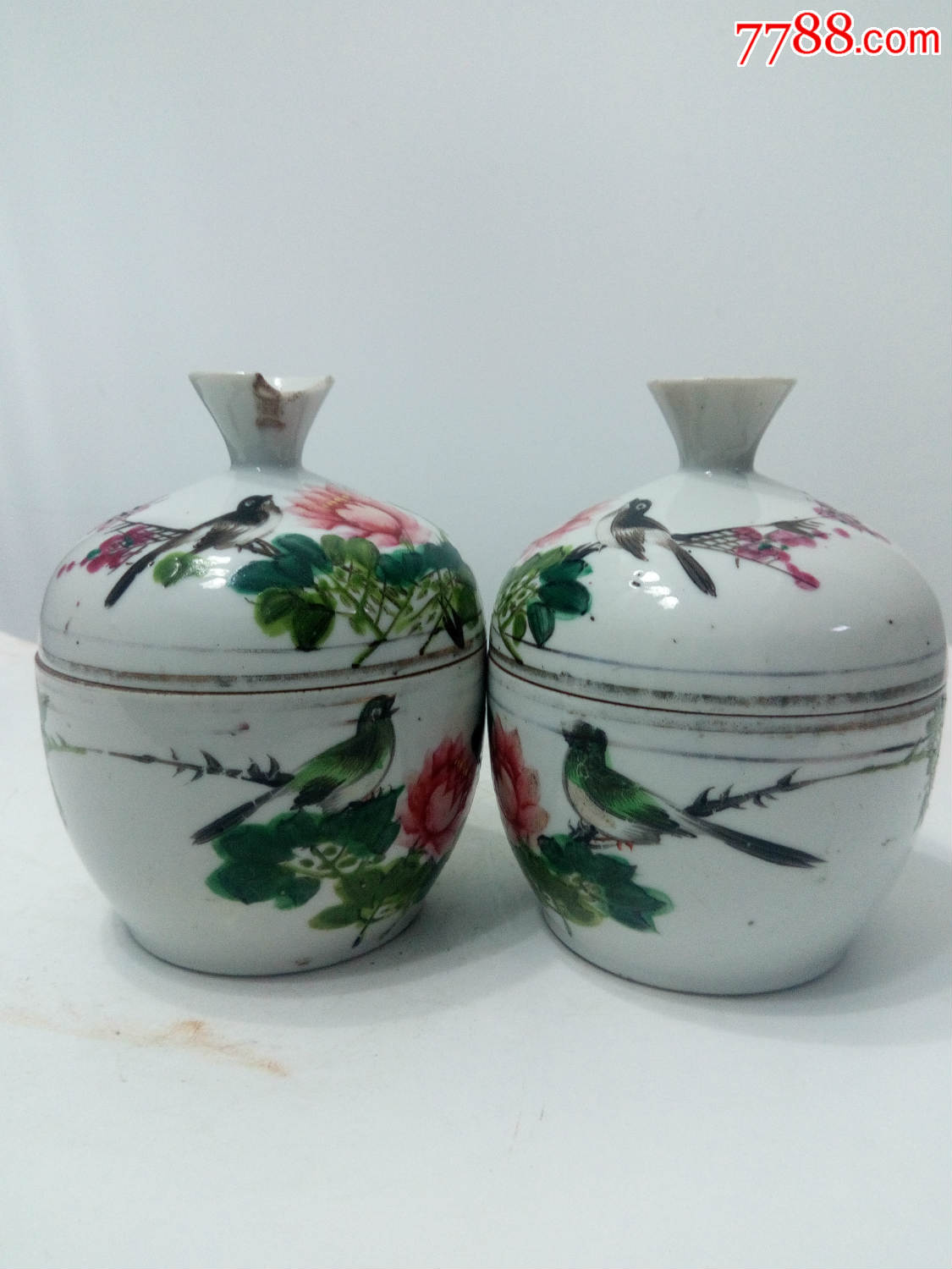 包老老瓷器专卖清末民国名家胡海清手绘漂亮硬底粉彩花鸟糖缸枝上求偶