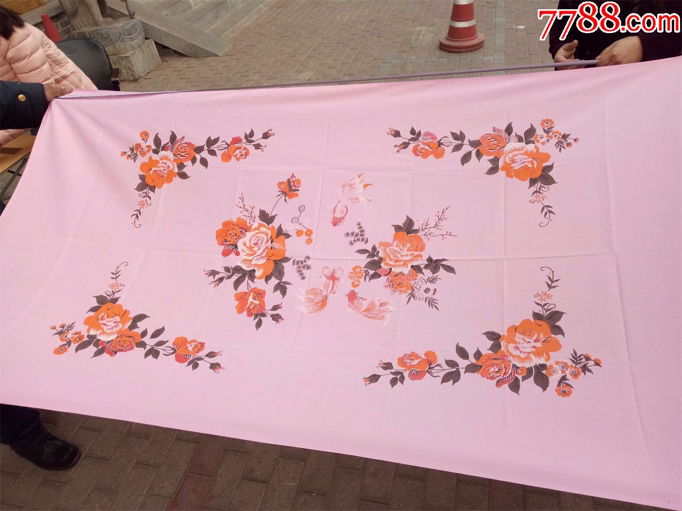 保老保真八九十年代怀旧收藏粉色布料花朵图案被面被罩画面精美