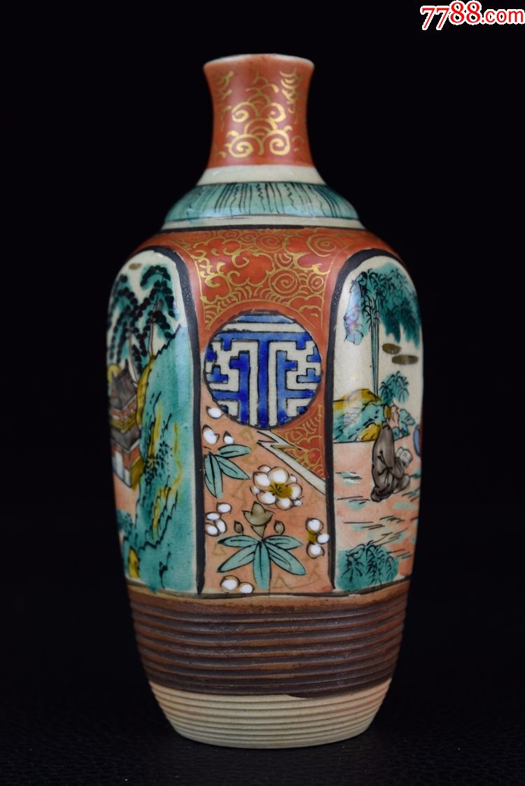 日本古董瓷器收藏品精美九谷烧手绘山水人物酒壶文房经典推荐