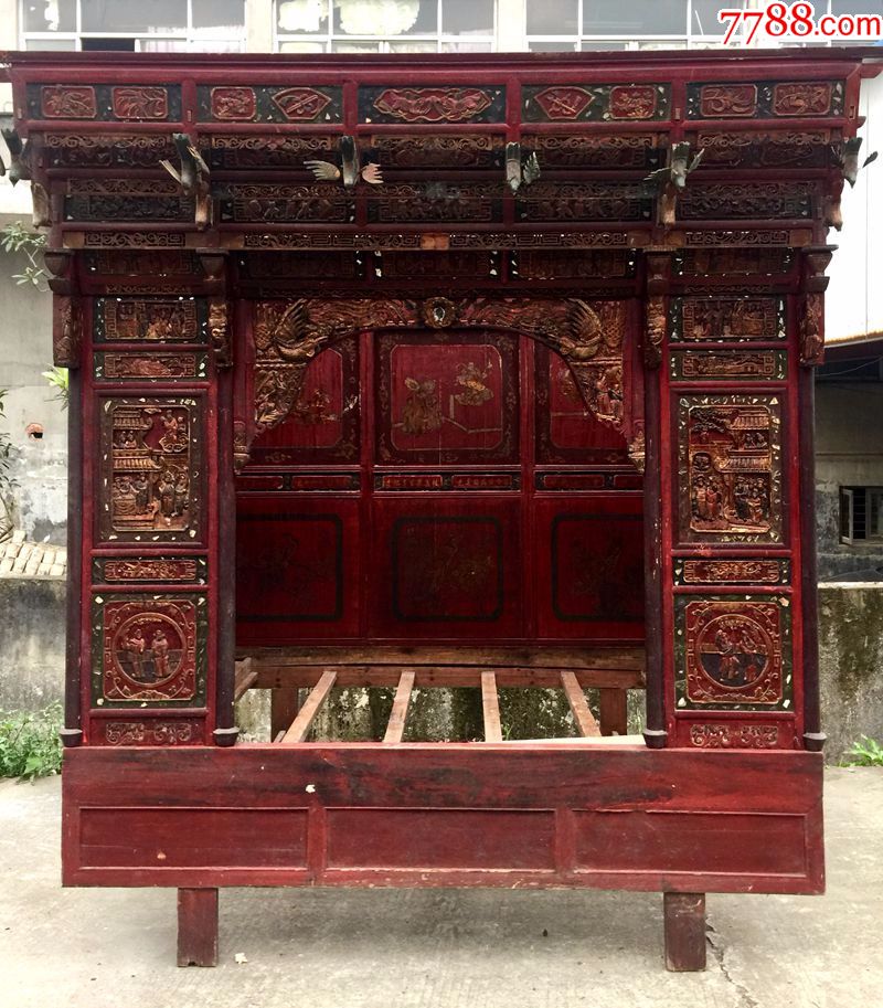 明清古旧家具xq1710鎏金雕刻婚俗公主床13857791053