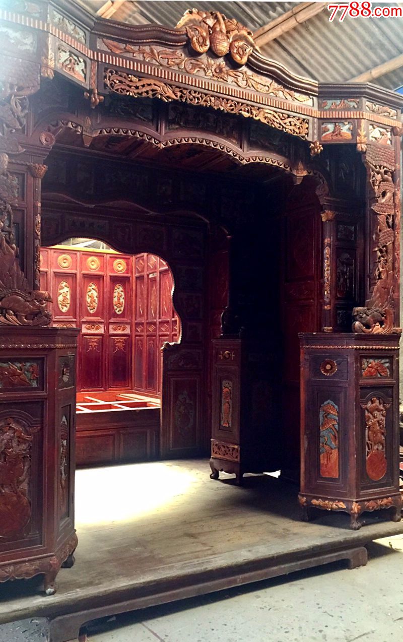 明清古旧家具xq1726鎏金雕刻三进千工拔步床13857791053