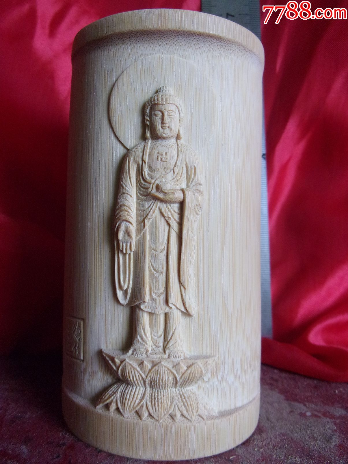 竹雕摆件竹雕笔筒带落款纯手工精工创作佛祖站像包邮一口价