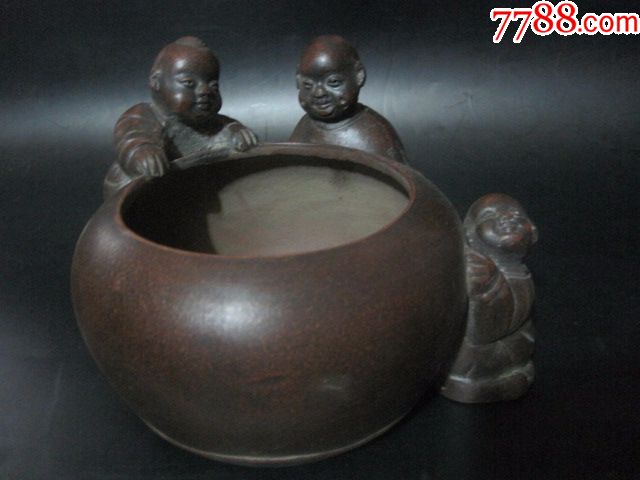 清代老紫砂陈鸣远款欢天喜地童子笔洗老紫砂罐文房文玩摆件