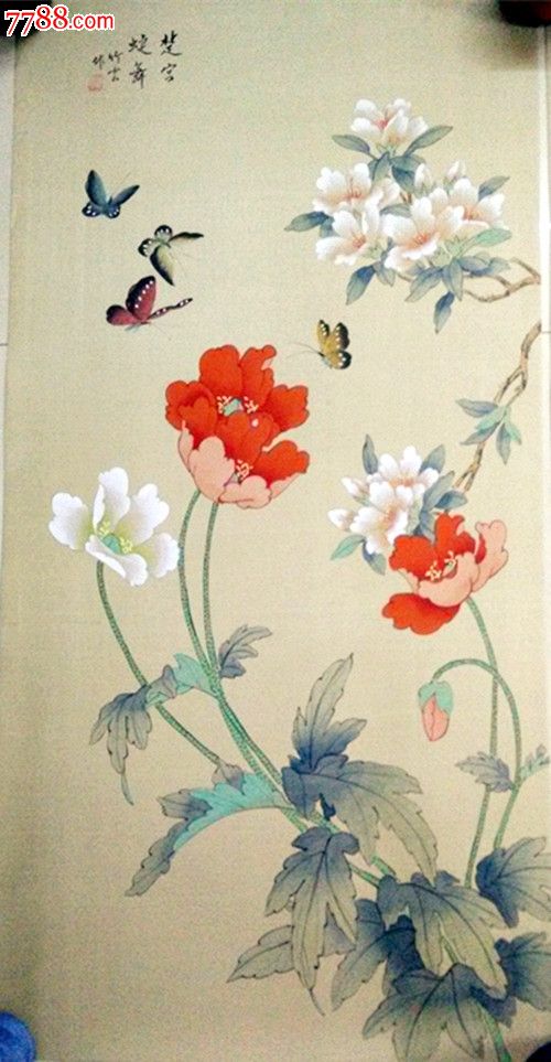 80年代出口欧美老画花鸟工笔画绢丝画画家竹云原稿真迹80x40厘米一对