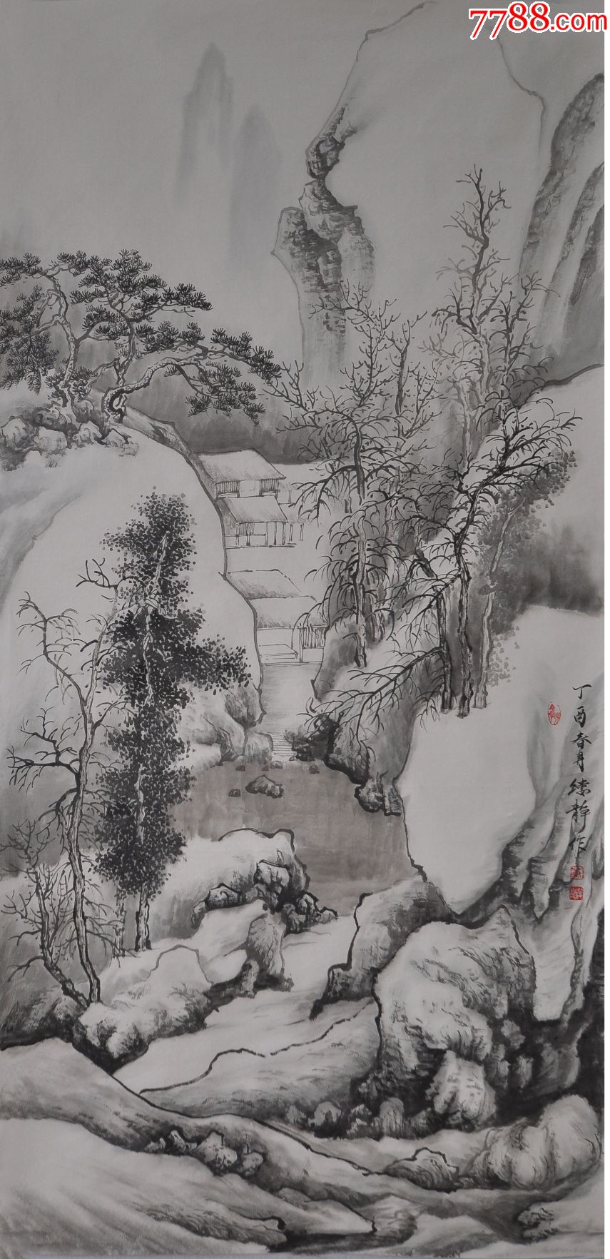 董缕静作品仿古雪景竖_山水国画原作_作品欣赏_收藏价值_7788字画网