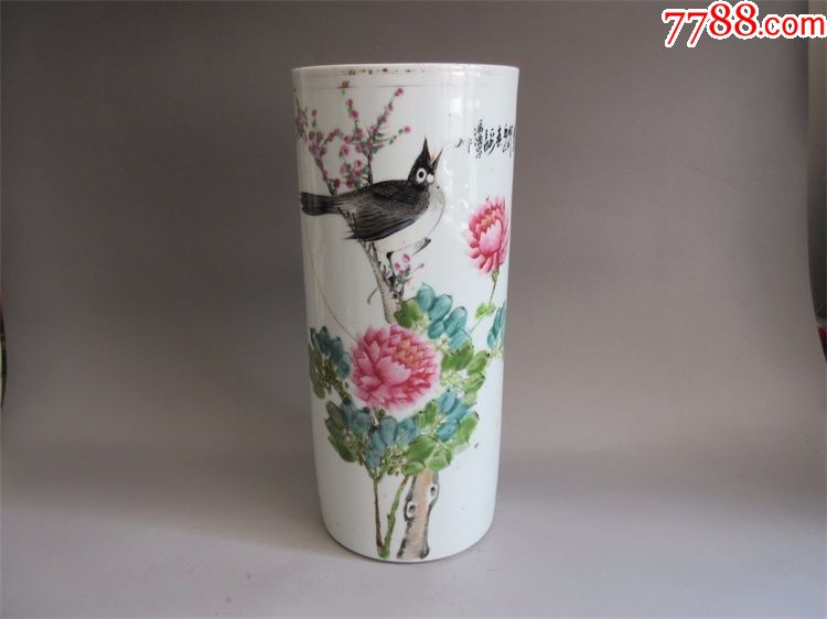 收藏爱好古瓷器瓷片民国名家冯继昌花鸟帽筒装饰插花花瓶鸡毛掸用品
