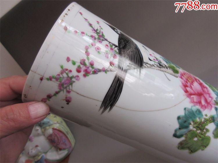 收藏爱好古瓷器瓷片民国名家冯继昌花鸟帽筒装饰插花花瓶鸡毛掸用品