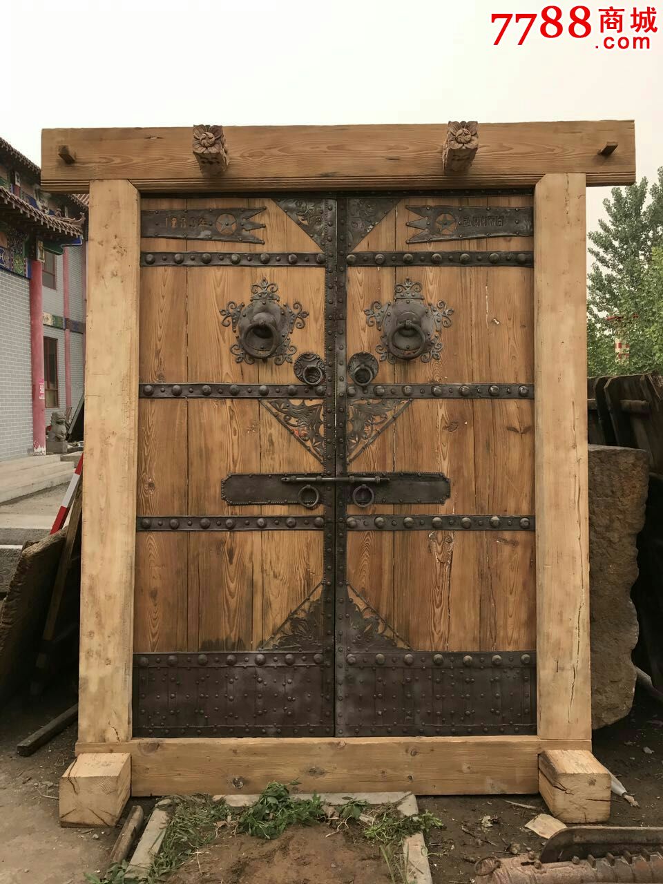 民国松柏木铁艺庭院大门木门