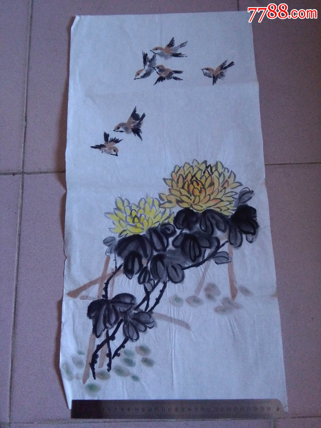 菊花麻雀图-花鸟国画原作-7788书画网