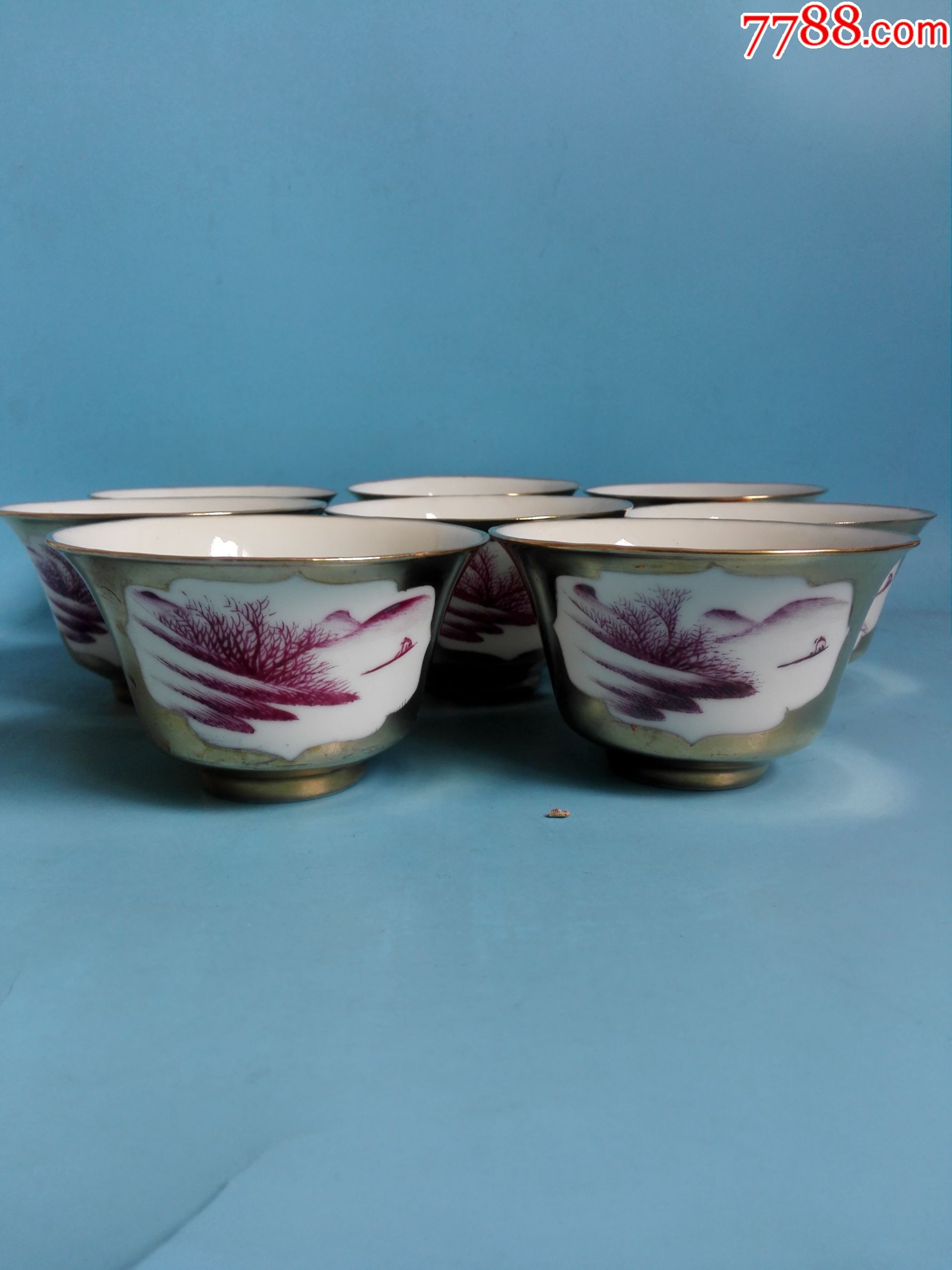 民国名家袁生盛作金彩开光珊瑚红山水纹茶盖碗8套完美品