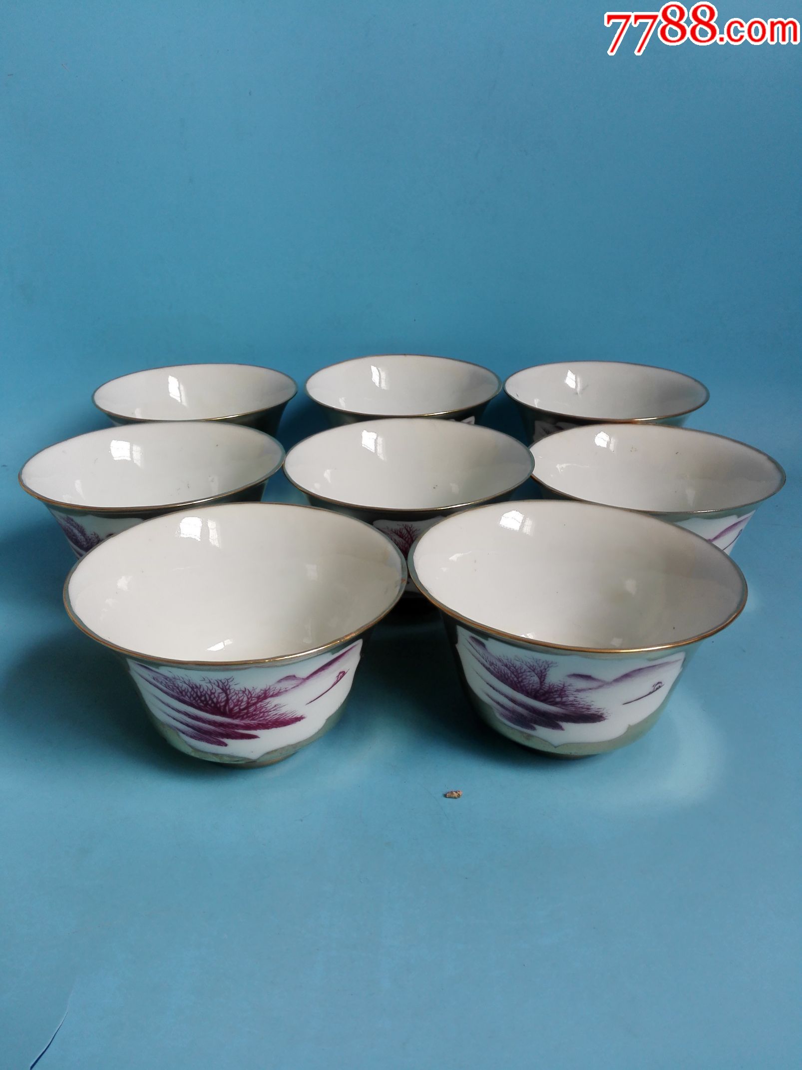 民国名家袁生盛作金彩开光珊瑚红山水纹茶盖碗8套完美品