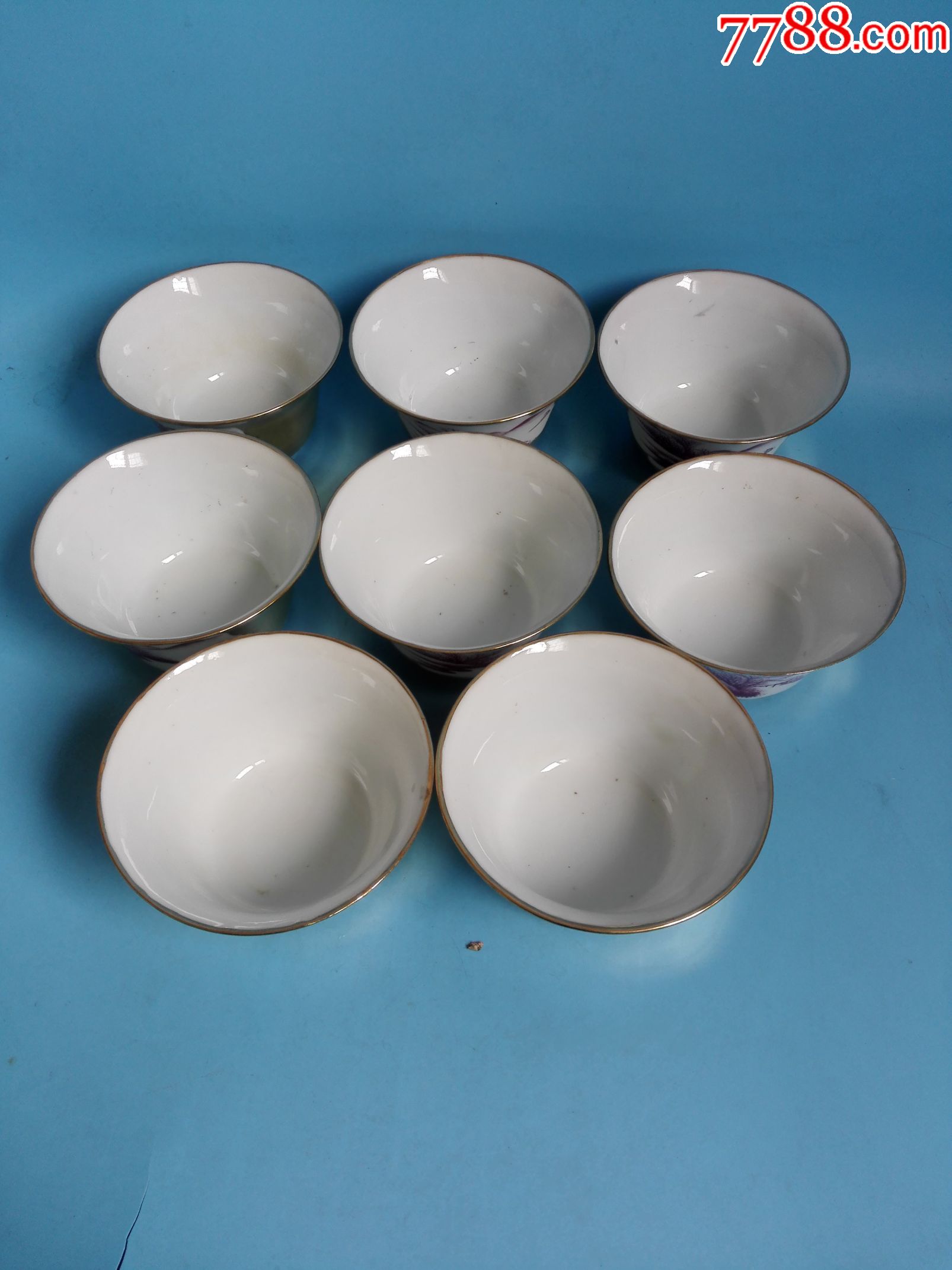 民国名家袁生盛作金彩开光珊瑚红山水纹茶盖碗8套完美品