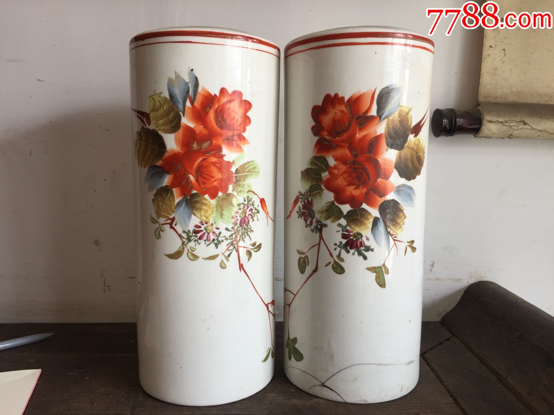 民国手绘花卉图老帽筒包老瓷器瓷片家居摆件装饰古董老物件完整