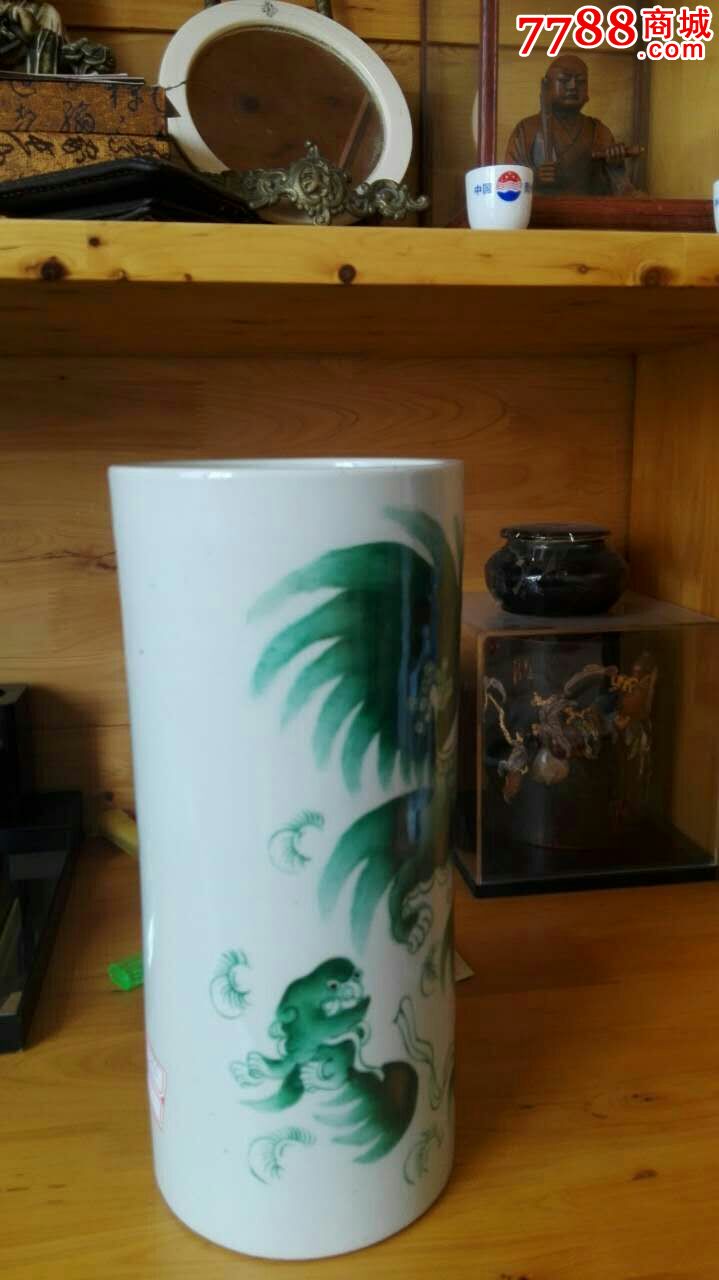 方家珍款帽筒绿色狮子