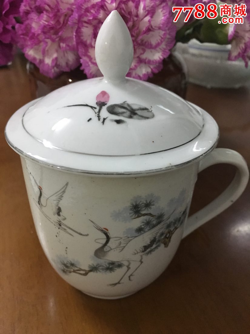 80年代中国绍兴帆船陶瓷盖杯陶瓷白杯仙鹤茶杯怀旧老物件