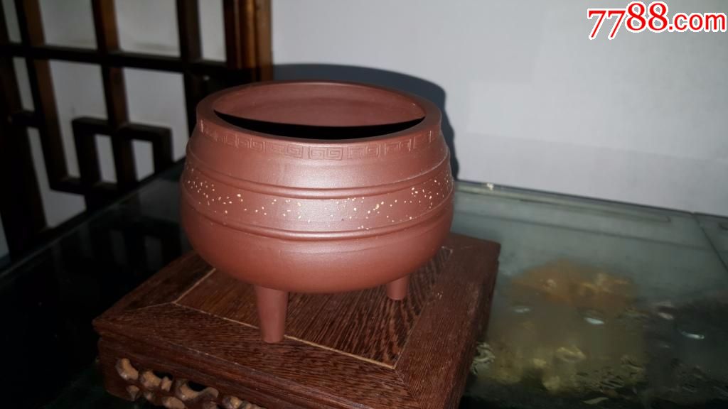 紫砂花盆王爱国三足双线铺砂紫砂盆
