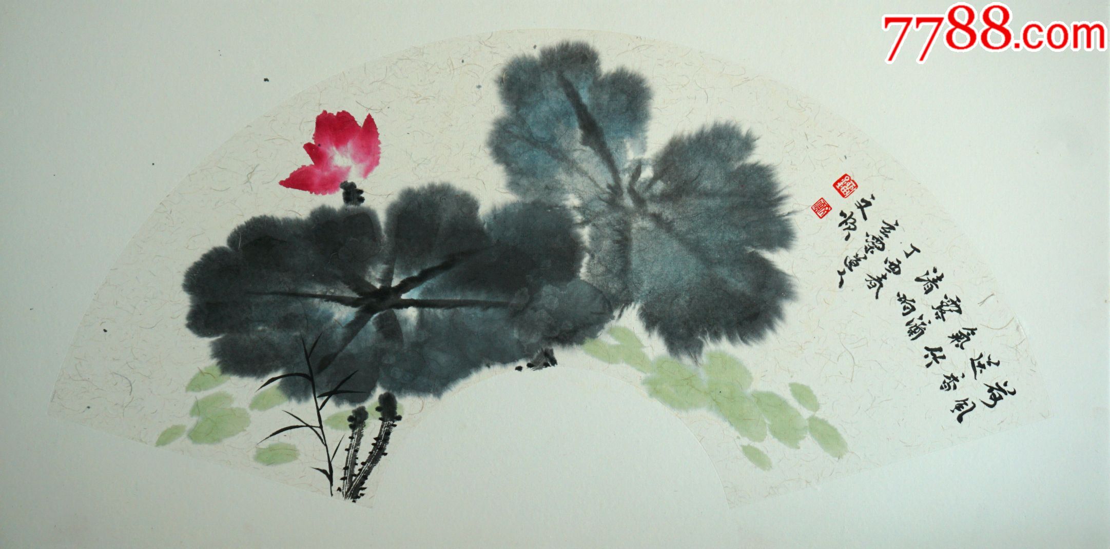 著名画家刘文顺国画精品扇面荷花图--荷风送香气