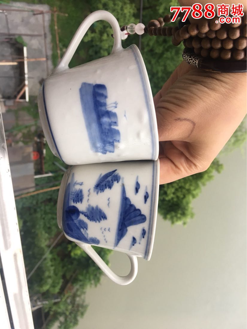 中国高陂老瓷杯一对手绘陶瓷杯子老物件