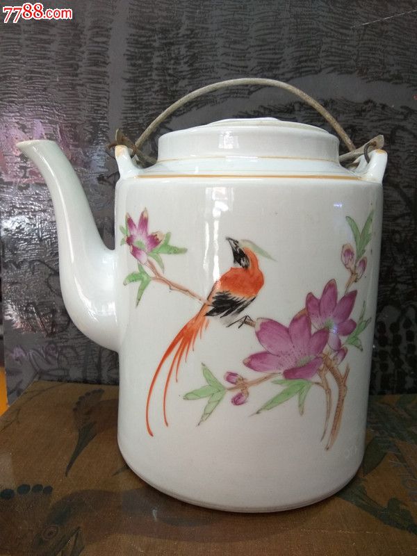 手绘绶带鸟花鸟提梁壶乡下收的民俗收藏红色收藏精品花鸟老茶壶彩绘