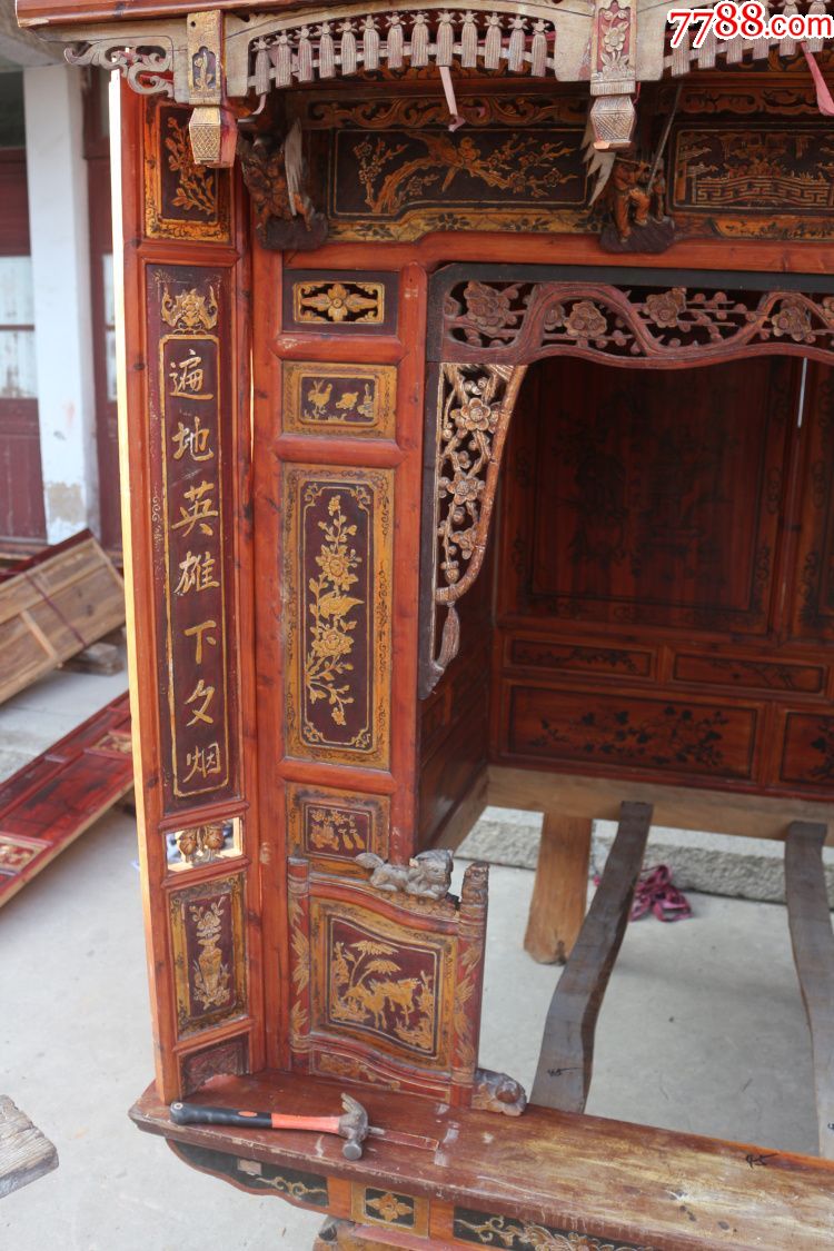 古玩旧家具雕花虎腿老床古董木雕绘画架子床东阳工艺高帽老花床