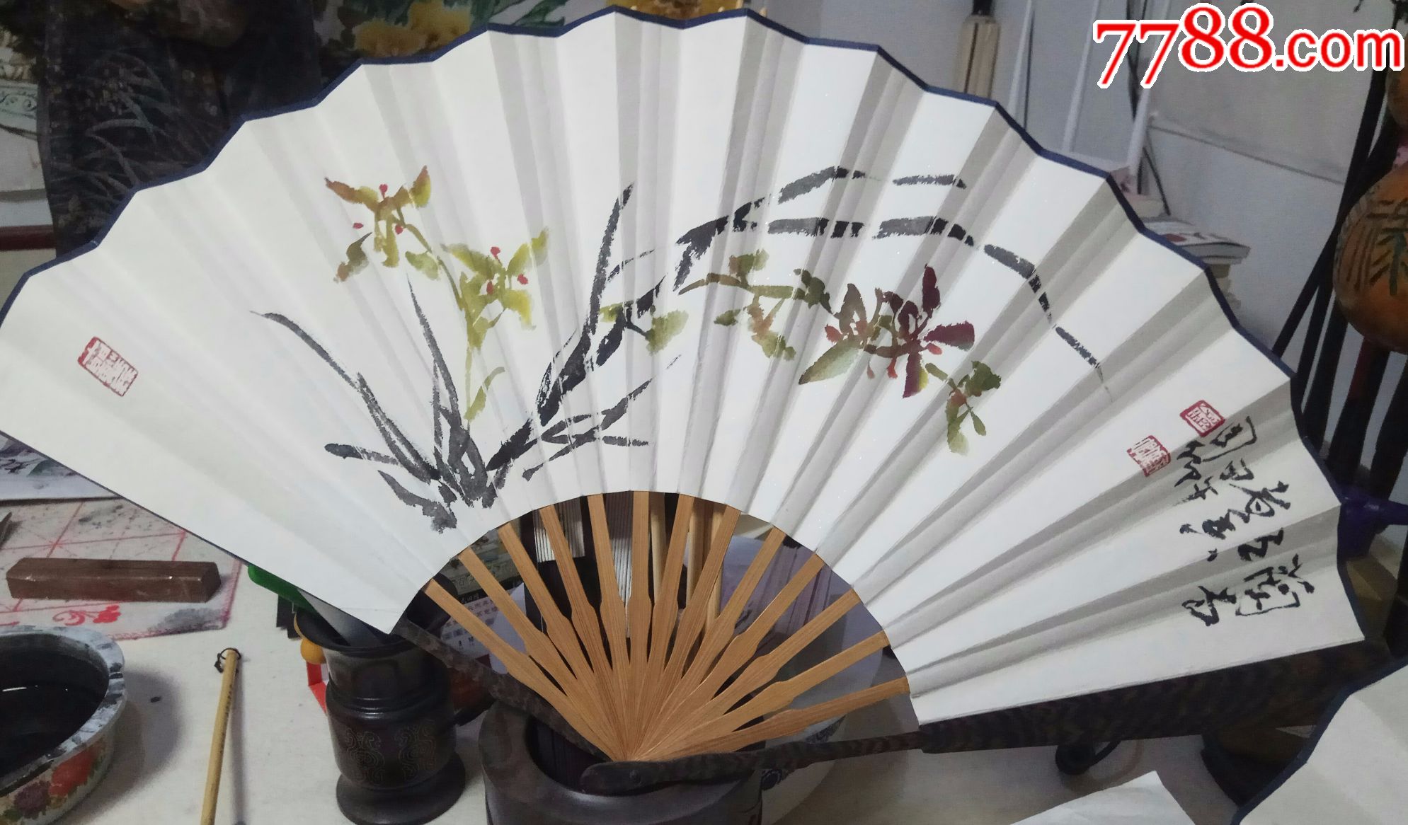 当代著名画家刘国卿老师精品扇子兰花图,花鸟国画原作_第1张_7788