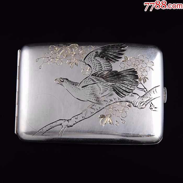 日本极美手工錾刻雄鹰纹950纯银局部鎏金烟盒西洋古董银器收藏